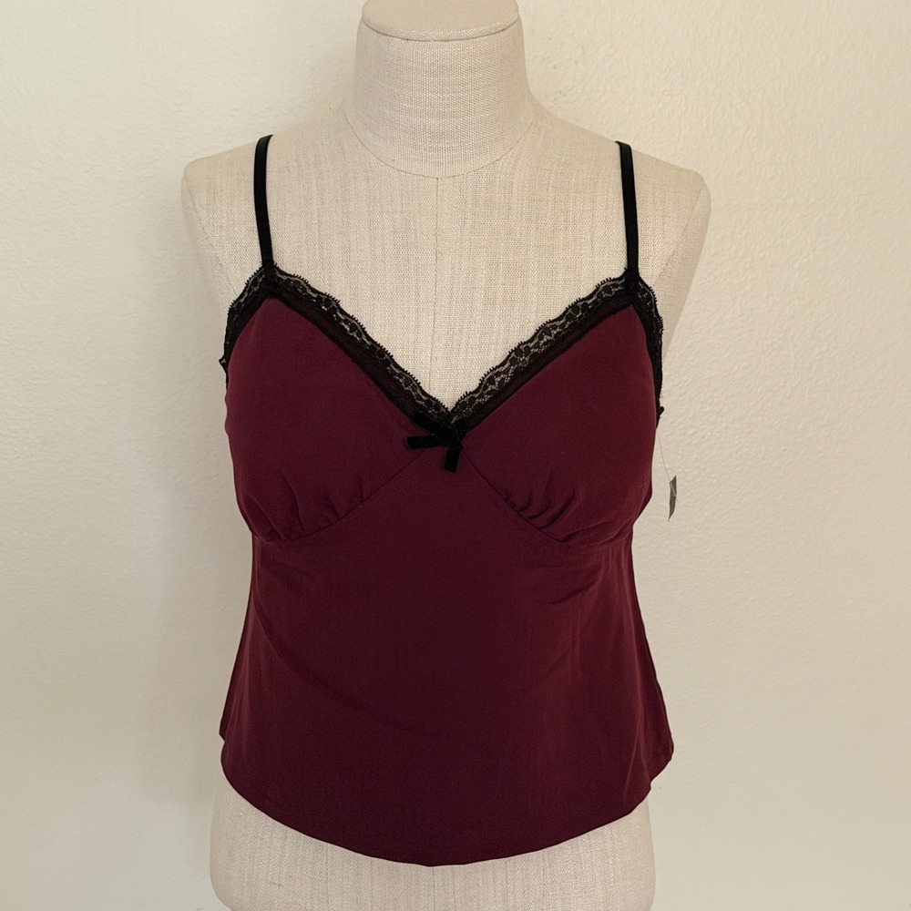 No‎ Boundaries Burgundy Lace Trim Cami Top Womens Large L 12-14 Herringbone Bow